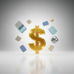 3D golden dollar sign symbol floating with abstract shapes. Finance, investment, and economy concept. AI generated illustration with copy space