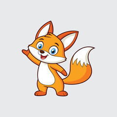 Fototapeta premium Cute Friendly Fox Cartoon Character Waving Hand Vector Illustration Isolated on Light Gray Background with Joyful Expression for Childrens Design at Studio Shot 200 Character