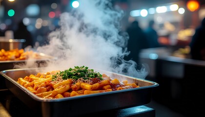 Steaming tteokbokki topped with sesame seeds and green onions at a market. Suitable for food blogs, menus, social media posts, asian cuisine promotions.