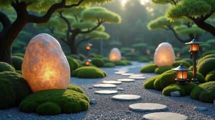 Tranquil japanese garden path with glowing stones and lanterns at dusk