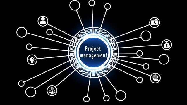 Project management network concept with glowing central hub and white lines on black image photo