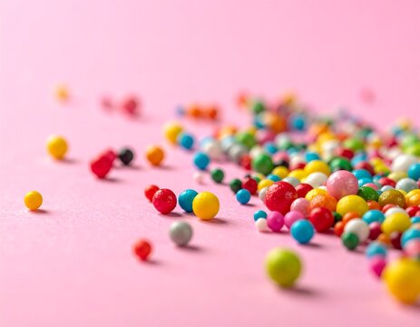 Close-up of colorful round sprinkles scattered on a soft pink surface - Powered by Adobe
