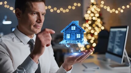 caucasian businessman holding hologram house in modern office with computer monitor and holiday lights, using precise gesture to rotate virtual model; sequence shows analyst, architect, and agent. - Powered by Adobe