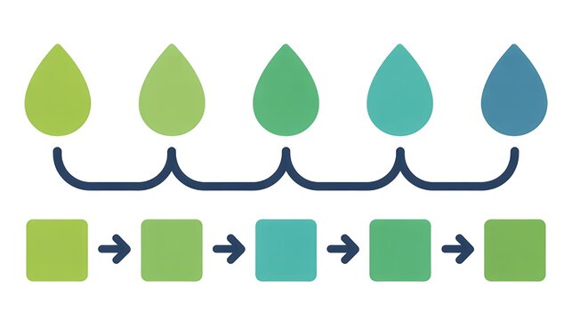 Process flow chart displaying steps with gradient drops and squares showing progression and transformation, a smooth and seamless transition concept