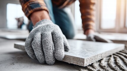 A construction worker carefully places a tile on a floor, focusing on precision.