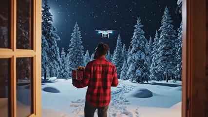 man in plaid shirt receives gift from drone at cabin doorway; standing inside log cabin holding present, looking out at moonlit pine forest, snowy path and rustic holiday contrast with modern. - Powered by Adobe
