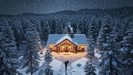 woman holding gift approaches cozy cabin, glowing string lights, dense pine forest, heavy snowfall, footprints in fresh snow, chimney smoke curling, warm interior light, intimate nostalgic holiday. - Powered by Adobe