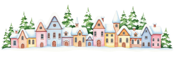 Obraz premium Whimsical winter village with snow covered houses and pine trees transparent background cutout png