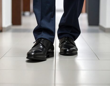 Close-up of legs, feet, and shoes walking down a hallway