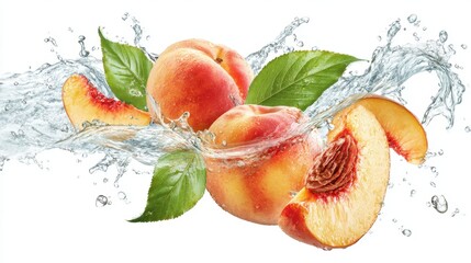 Several ripe peaches are splashing in clear water surrounded by green leaves. The scene conveys a sense of freshness and summer enjoyment highlighting the fruits' juicy texture.