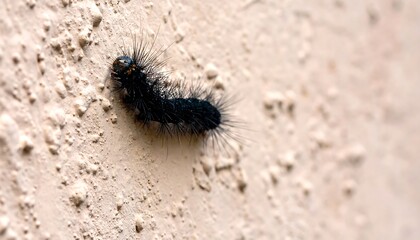 Macro shot of a fuzzy, black caterpillar crawling on a textured surface