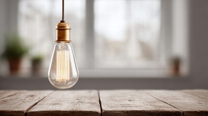 Vintage Edison bulb hanging above a rustic wooden table