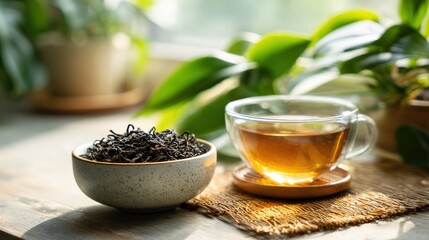 Fresh Tea Leaves and Glass of Amber Tea on Wooden Table