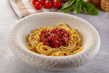 Italian pasta spaghetti bolognese with minced beef meat and tomato sauce