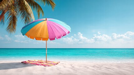 Beach scene with a colorful umbrella, palm trees, and the ocean under a blue sky.