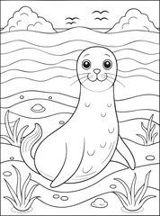 Cute cartoon seal illustration for coloring book with ocean background, sea waves, and plants