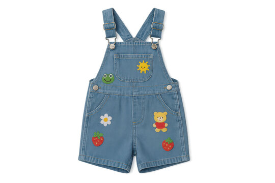 Cute denim overalls with cartoon patches isolated on a transparent background