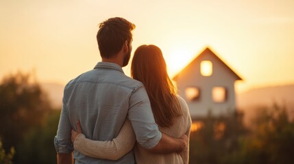 A couple stands together gazing at a beautiful sunset. They are near a charming house surrounded by nature creating a warm and romantic atmosphere.