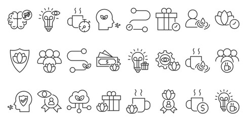 icon pack of mindfulness in creative outline vector style for meditation practice stress relief emotional balance awareness breathing focus habits self growth and mental clarity