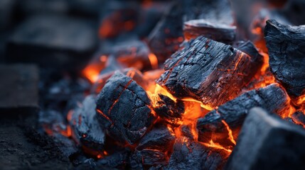 Charcoal embers glow brightly in a backyard as the sun sets providing warmth and light for grilling. The scene captures the essence of outdoor cooking and gatherings.