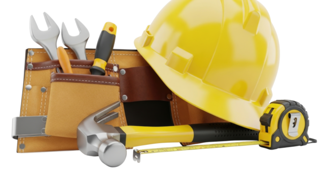 Construction tools and hard hat transparent background cutout png