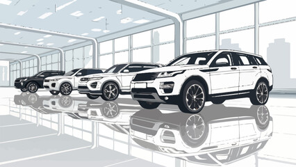 Luxury SUVs gleam in a modern showroom, reflecting prestige and automotive excellence, ideal for showcasing automotive design or a high end lifestyle