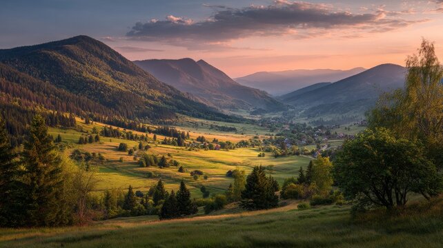 Mountainous countryside at sunset with rolling grassy hills, scattered trees, and soft golden evening light fading into distant hazy ridges and valleys creating a serene rural natural landscape - Powered by Adobe