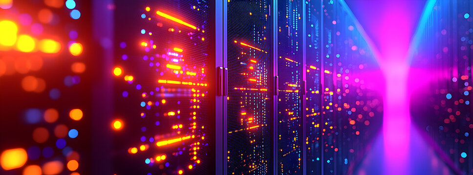 High-performance data center with servers and network devices operating at full capacity, glowing LEDs, modern IT infrastructure environment