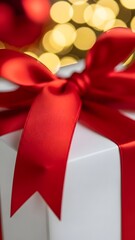 Close up of gift box with red ribbon bow and golden bokeh background