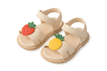 Pair of cute beige summer sandals with strawberry and pineapple, isolated