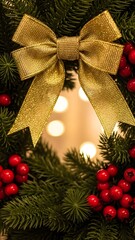 Close up christmas wreath decorated with golden bow and red berries