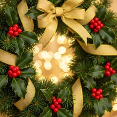 Holiday wreath with holly leaves, berries, golden bow and lights bokeh