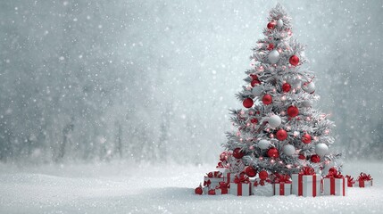 3D Snowy White Christmas Tree with Red Ornaments and Gift Boxes in Winter Scene with Falling Snow