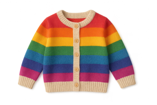 Vibrant rainbow striped cardigan isolated on transparent background, cute and stylish