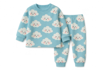 Cute blue pajamas with clouds, isolated on transparent background, soft fabric