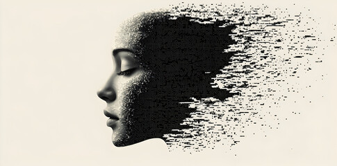 Fading human face merging with virtual digital realm, concept of distant memory, emotional digitization, and abstract consciousness transfer