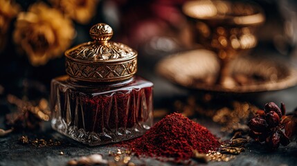 Luxurious Red Spice in Glass Jar with Golden Lid