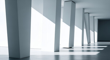 Fototapeta premium Modern architectural interior with strong light and shadow play highlighting clean geometric lines and minimalist design elements