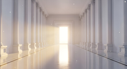 Light at the End A Serene White Hallway Perspective