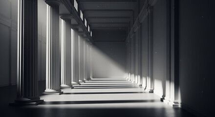 Obraz premium Elegant Monochrome Architectural Perspective Sunlight Illuminating a Classical Hallway
