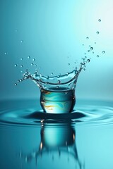 Dynamic splash of clear water frozen in time against a blue background
