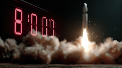 Digital countdown timer glows red showing '8 00 00' as  rocket launches upwards amidst thick smoke and bright exhaust flames