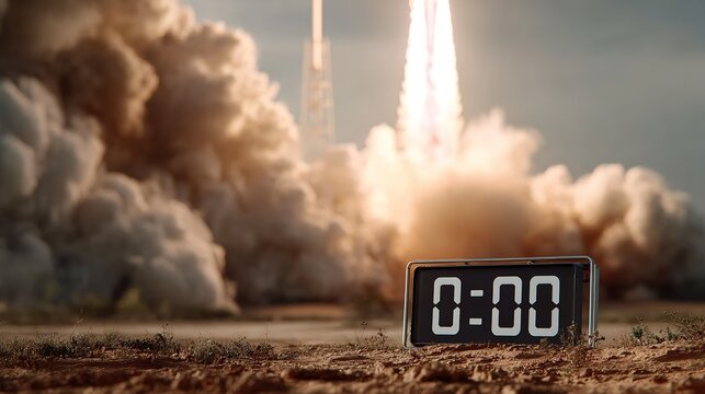 Digital timer displays zero countdown at  moment of  massive rocket launch amidst clouds of smoke and bright exhaust