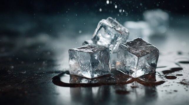 Three wet melting ice cubes resting on  dark wet surface with water droplets splashing in  background