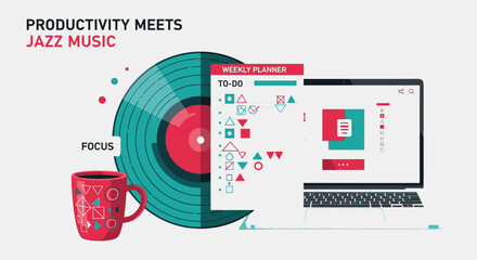 An illustration showcasing productivity and focus, with a coffee mug, a vinyl record, and a laptop displaying a to-do list.