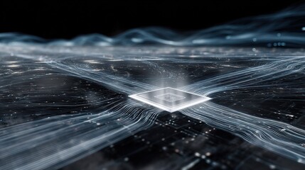Illuminated central microchip processing data streams flowing across dark textured surface with faint lights