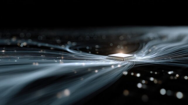 Glowing electronic microchip sending and receiving data streams through luminous fiber optic light trails on  dark background