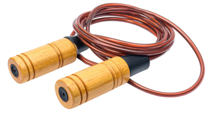 Close-up studio shot of a coiled fitness accessory, featuring wooden handles and a brown cable