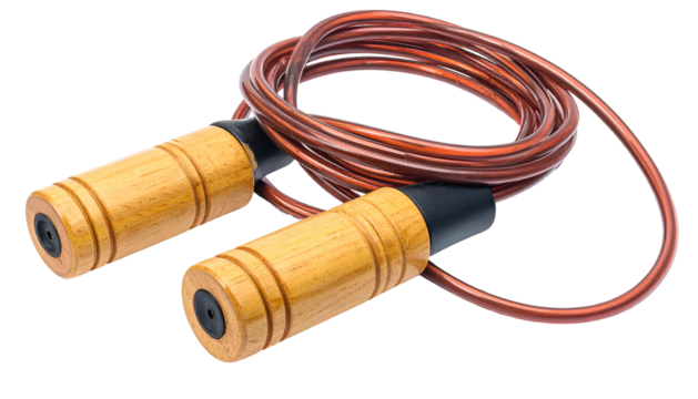 Close-up studio shot of a coiled fitness accessory, featuring wooden handles and a brown cable