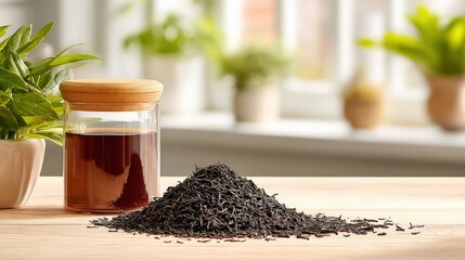 Loose Black Tea Leaves and Glass Jar in Cozy Light